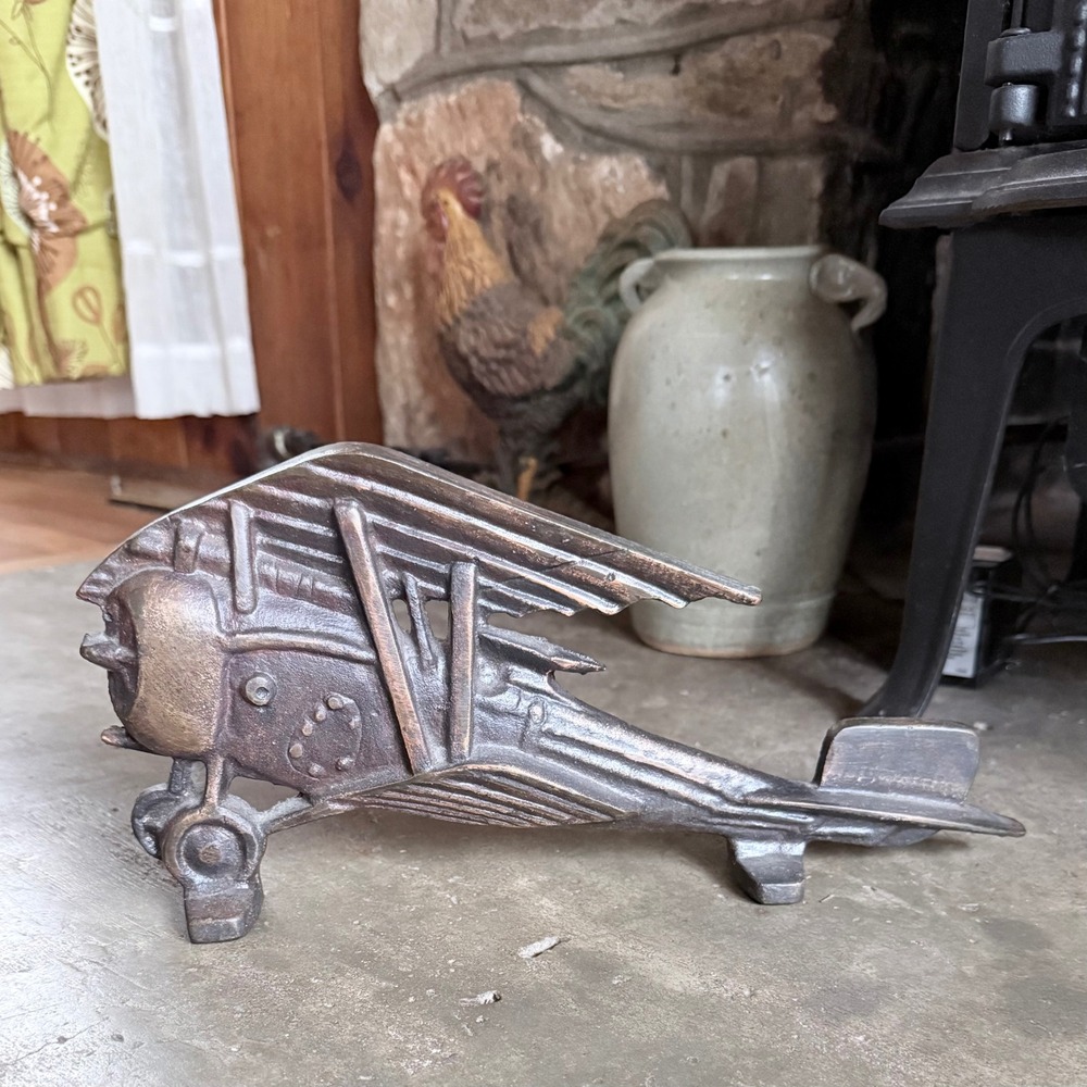 Airplane Doorstop Bronze Excellent Cast Iron Biplane Decor 6" x 12"